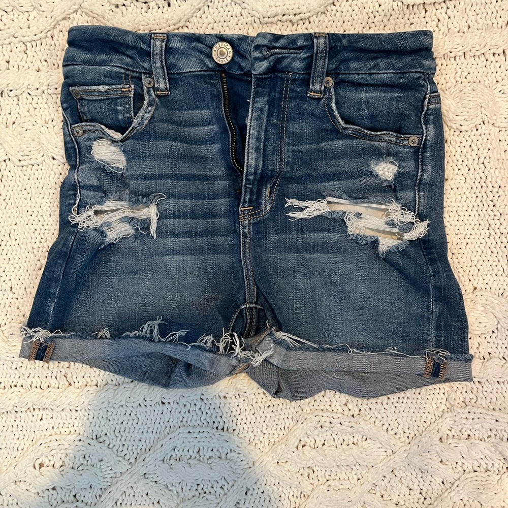 American eagle jean shorts, super stretchy and comfy! Dark was with rips